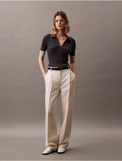 Calvin Klein Women's Smooth Cotton Rib Sweater Polo Shirt In Ebony