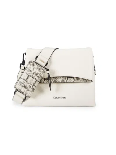 Calvin Klein Women's Snakeskin Embossed Trim Crossbody Bag In White