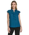Calvin Klein Cap Sleeve Ruffle Front Button-up Shirt In Green