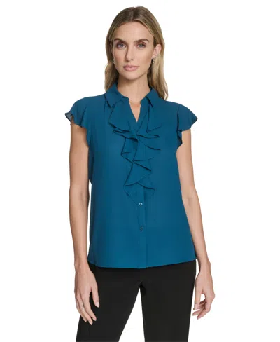 Calvin Klein Cap Sleeve Ruffle Front Button-up Shirt In Blue