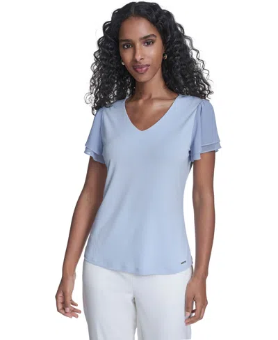 Calvin Klein Women's Solid V-neck Blouse In Blue
