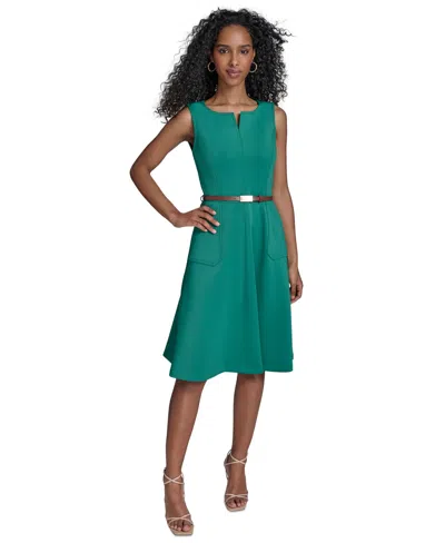 Calvin Klein Women's Split-neck Belted Scuba Dress In Med Green