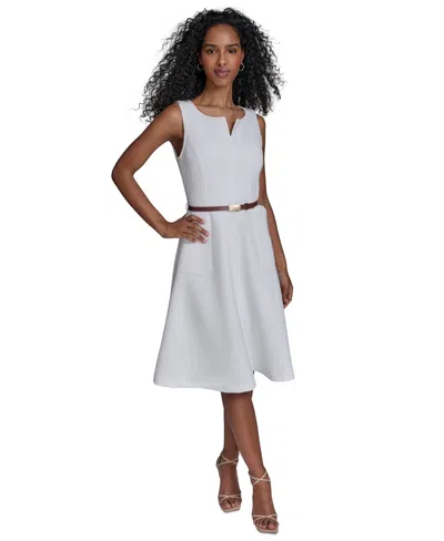 Calvin Klein Women's Split-neck Belted Scuba Dress In White