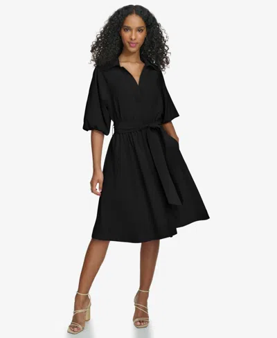 Calvin Klein Women's Split-neck Puff-sleeve A-line Dress In Black