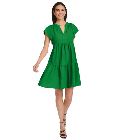 Calvin Klein Women's Split-neck Tiered A-line Dress In Fern