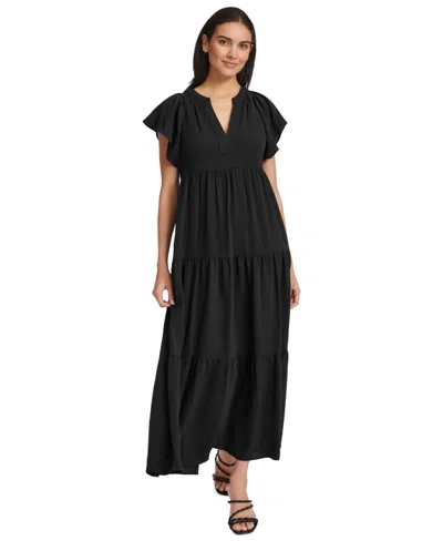 Calvin Klein Women's Split-neck Tiered Maxi Dress In Black