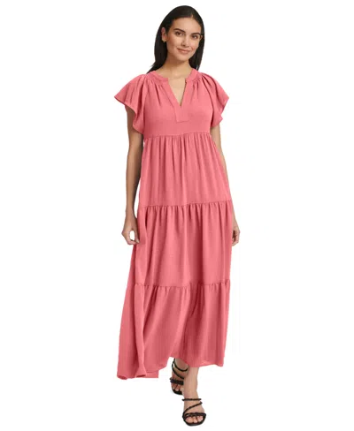Calvin Klein Women's Split-neck Tiered Maxi Dress In Tulip