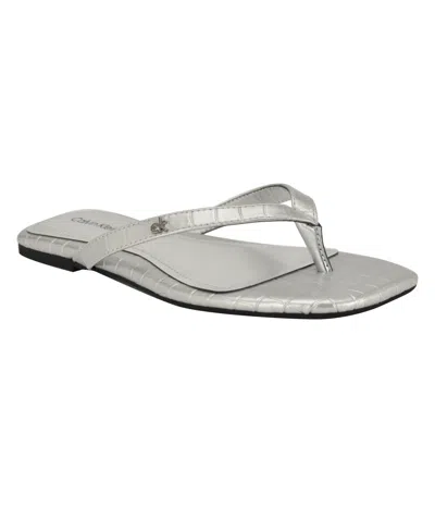 Calvin Klein Women's Stelea Flat Thong Sandals In Silver Croco