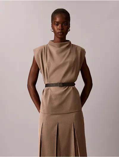 Calvin Klein Women's Stretch Drape Neck Belted Shell In Brown