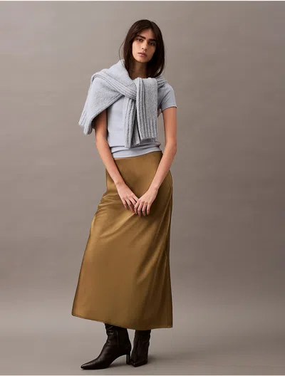 Calvin Klein Women's Stretch Satin Midi Skirt In Olive Leaves