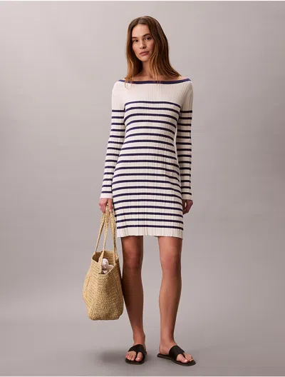 Calvin Klein Women's Stripe Long Sleeve Rib Mini Dress In White