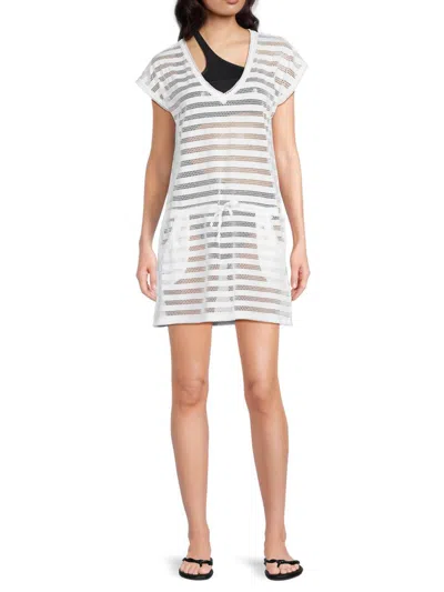 Calvin Klein Women's Stripe Mesh Cover Up In Soft White