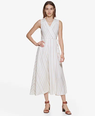 Calvin Klein Women's Striped Wrap Midi Dress In Khaki Mult