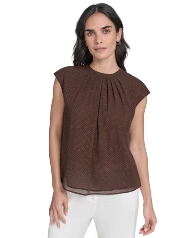 Calvin Klein Women's Studded Cap-sleeve Crewneck Blouse In Brown