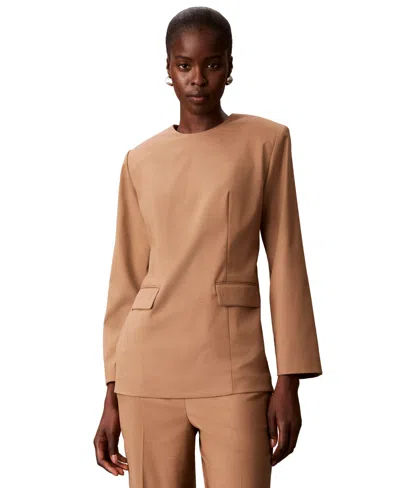 Calvin Klein Women's Tailored Long-sleeve Blouse In Brown