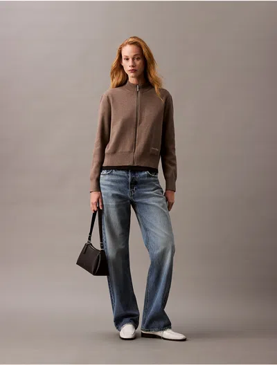 Calvin Klein Women's Tech Knit Bomber Jacket In Shitake Melange