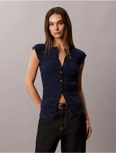 Calvin Klein Women's Tech Knit Checkered Rib Cardigan In Estate Blue