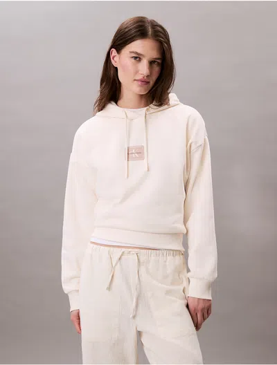 Calvin Klein Women's Terry Fleece Logo Patch Cropped Hoodie In Antique White