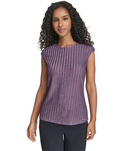 Calvin Klein Petite Cap Sleeve Textured Knit Top In Purple