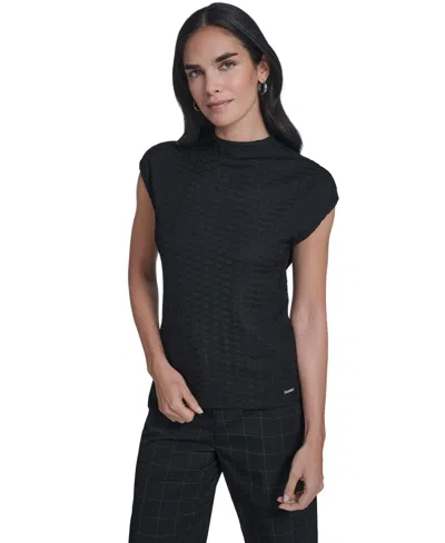 Calvin Klein Women's Textured Mock Neck Cap Sleeve Top In Black