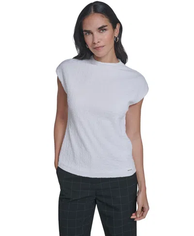 Calvin Klein Women's Textured Mock Neck Cap Sleeve Top In White