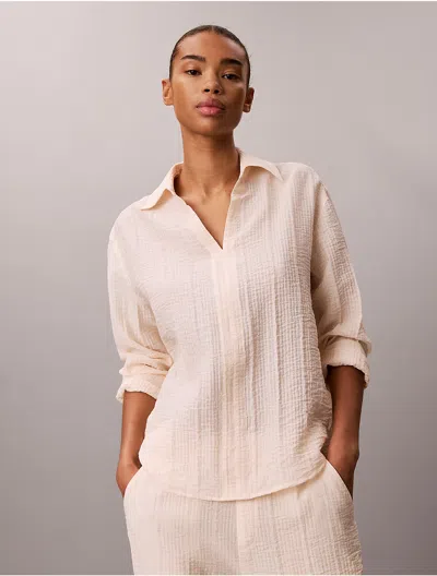 Calvin Klein Women's Textured Stripe Sheer Button-down Shirt In Neutral
