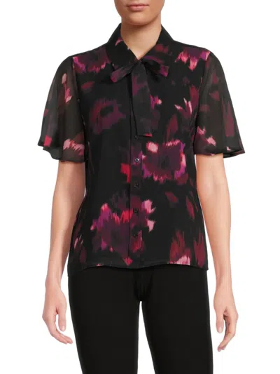 Calvin Klein Women's Collared Tie-neck Short-sleeve Blouse In Black Multi