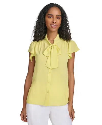 Calvin Klein Women's Tie-neck Flutter Sleeve Blouse In Pear