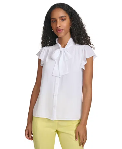 Calvin Klein Women's Tie-neck Flutter Sleeve Blouse In White