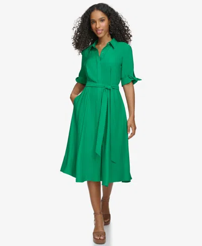 Calvin Klein Women's Tie-sleeve Collared Shirt Dress In Green