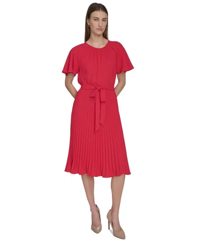 Calvin Klein Women's Tie-waist Pleated Cocktail Dress In Lipstick