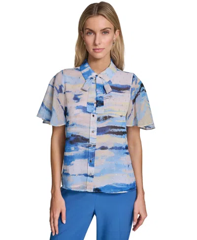 Calvin Klein Women's Tie-neck Button-front Blouse In Blue