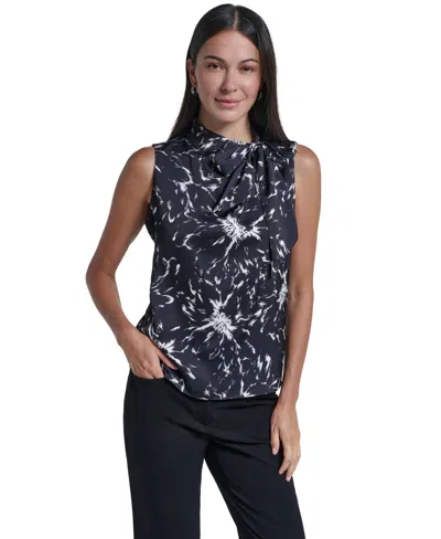 Calvin Klein Women's Tie-neck Floral Sleeveless Blouse In Black