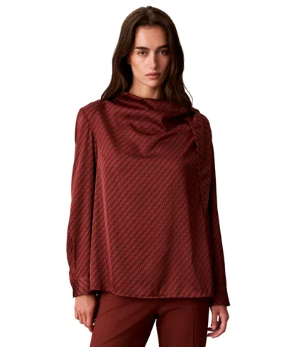Calvin Klein Women's Tie-neck Long-sleeve Printed Blouse In Brown