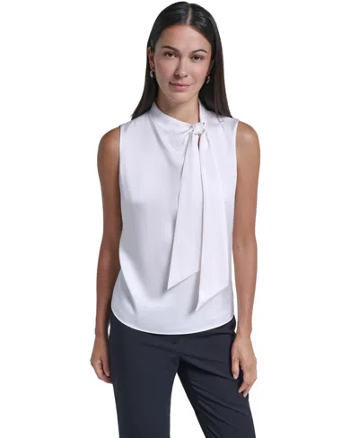 Calvin Klein Women's Tie-neck Sleeveless Satin Blouse In White