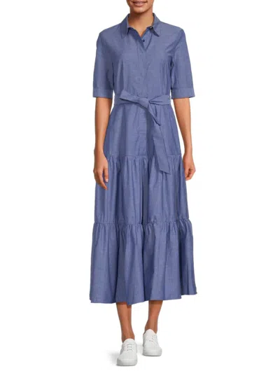 CALVIN KLEIN WOMEN'S TIERED BELTED DENIM MIDI DRESS