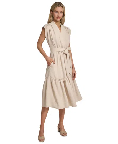 Calvin Klein Women's Tiered Belted Surplice Dress In Neutral