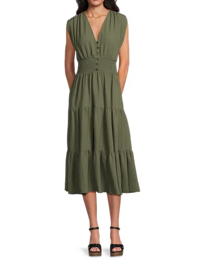 Calvin Klein Women's Tiered Button-front Crinkled Midi-dress In Green