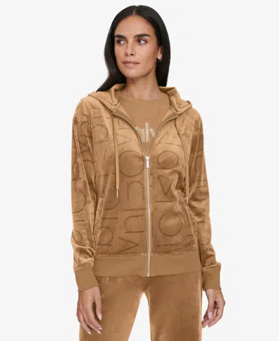 Calvin Klein Women's Sequin-logo Velour Zip-front Hoodie In Cafe Ole