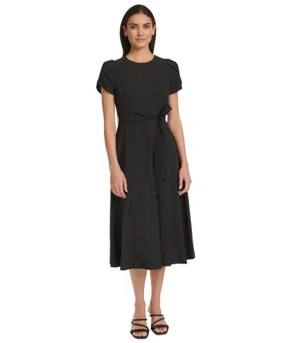 Calvin Klein Women's Tulip-sleeve Tie-waist A-line Dress In Black