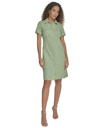 Calvin Klein Women's Tweed Collared Shirtdress In Leaf White