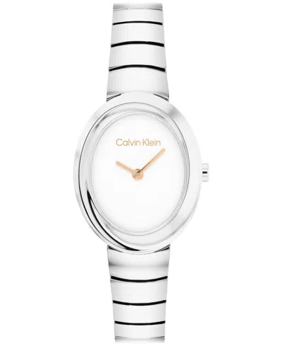 Calvin Klein Women's Twisted Bezel Silver Tone Stainless Steel Bracelet Watch, 24mm In Metallic