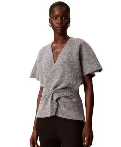 Calvin Klein Womens Twist Knot V Neck Short Sleeve Fitted Sweater In Gray
