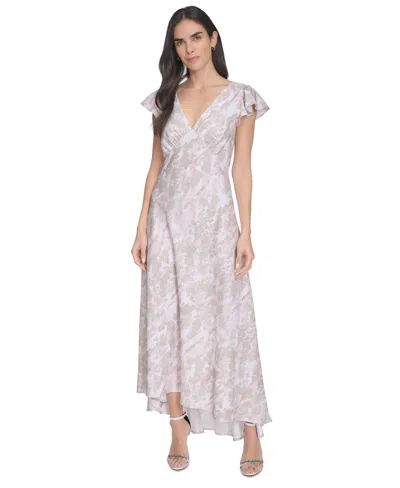 Calvin Klein Women's V-neck A-line Flutter-sleeve Dress In Stony Beige Multi