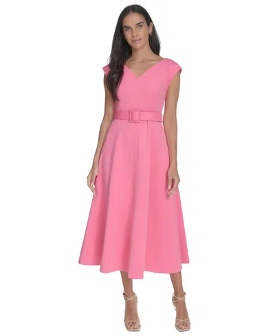 Calvin Klein Women's V-neck Belted A-line Scuba Dress In Azalea