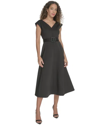 Calvin Klein Women's V-neck Belted A-line Scuba Dress In Black