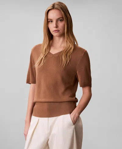 Calvin Klein Women's V-neck Knit Sweater In Brown