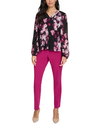 Calvin Klein Petite V-neck Long-sleeve Blouse In Black Multi