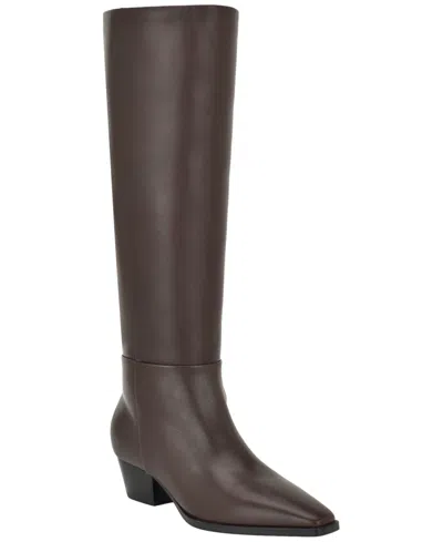 Calvin Klein Women's Varcey Tall Leather Block Heel Boots In Brown