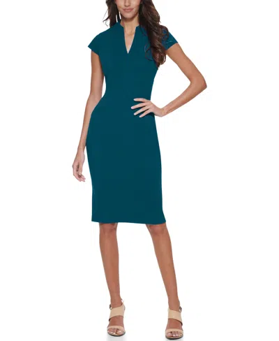 Calvin Klein Women's V-neck Cap-sleeve Work Sheath Dress In Green